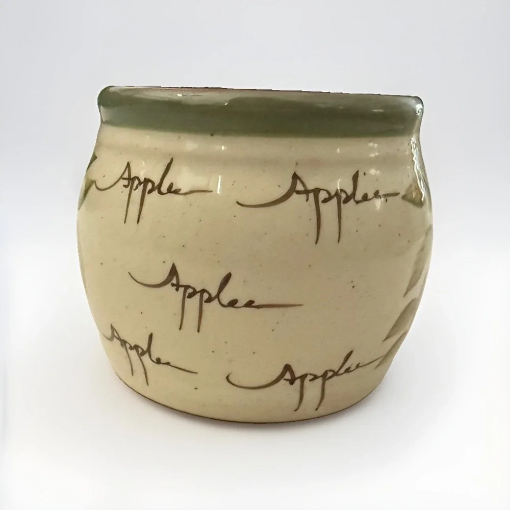 Vintage Small Apple Stoneware Crock Utensil Holder Vase 2.75